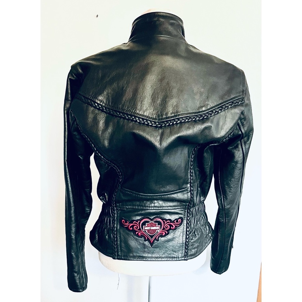 Womens black leather moto biker jacket with Harley Davidson heart logo- SMALL